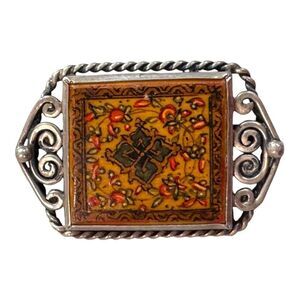 Vintage Persian Miniature Tile Hand Painted Sterling Silver Brooch Scroll Design